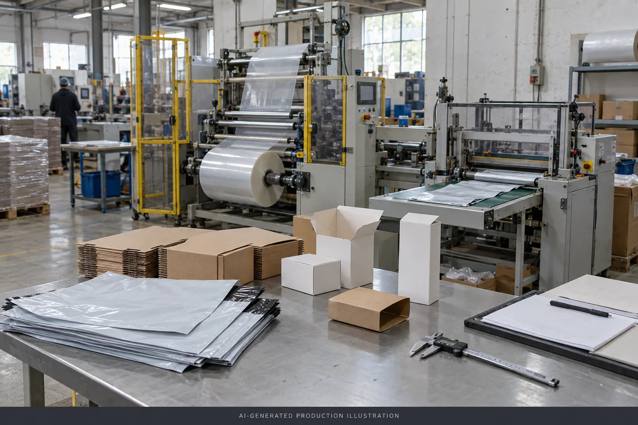 Product Packaging production concept. AI-generated production illustration — not a photograph of our factory.