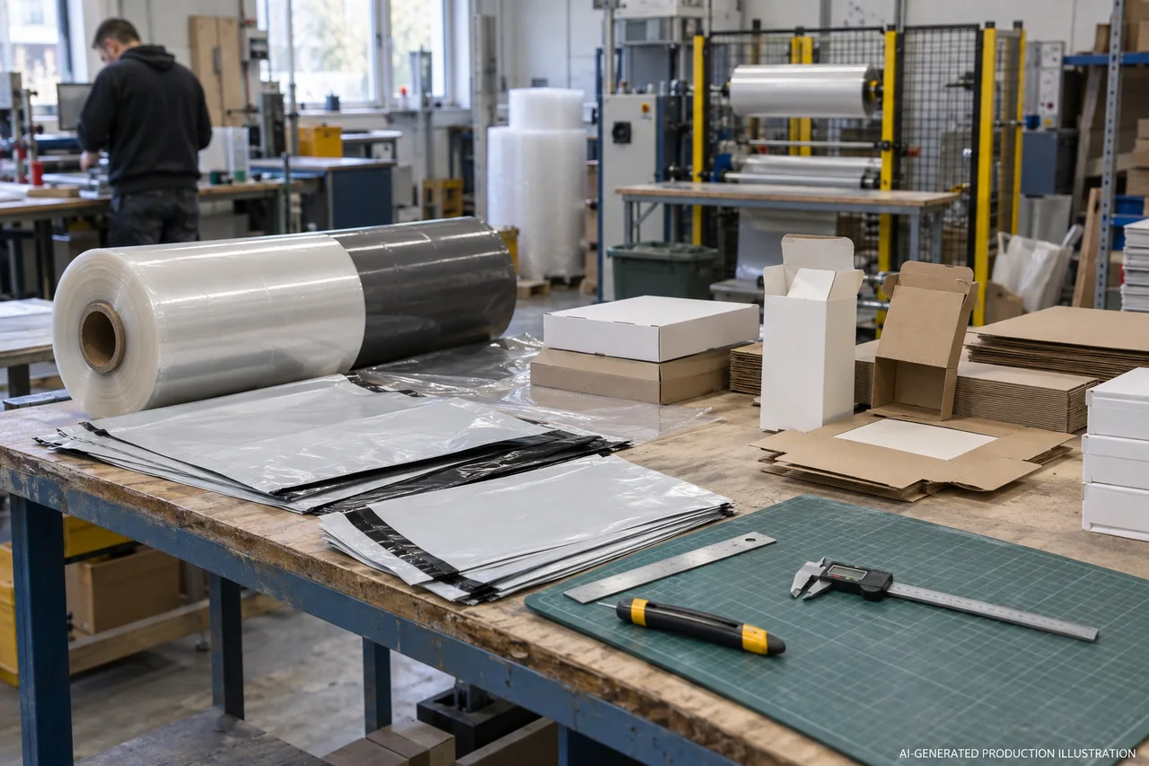 Product Packaging — Material and specification review. AI-generated illustration, not an actual factory photograph.