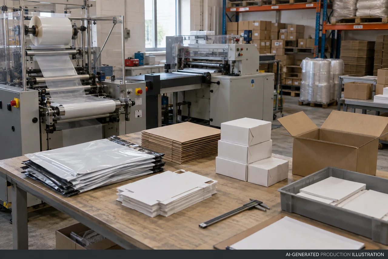 Product Packaging — Packing and dispatch planning. AI-generated illustration, not an actual factory photograph.