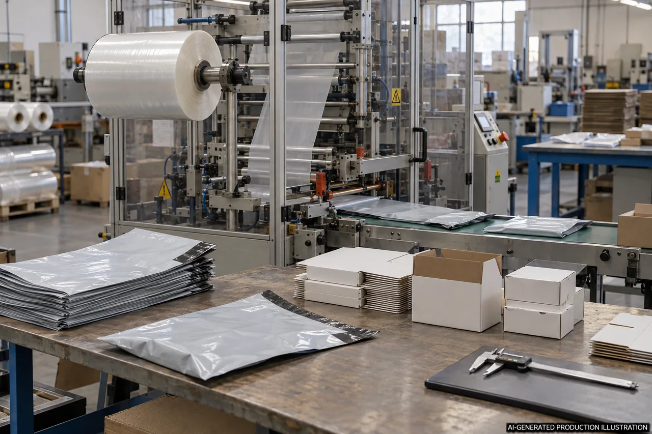 Product Packaging — Illustrated production route. AI-generated illustration, not an actual factory photograph.