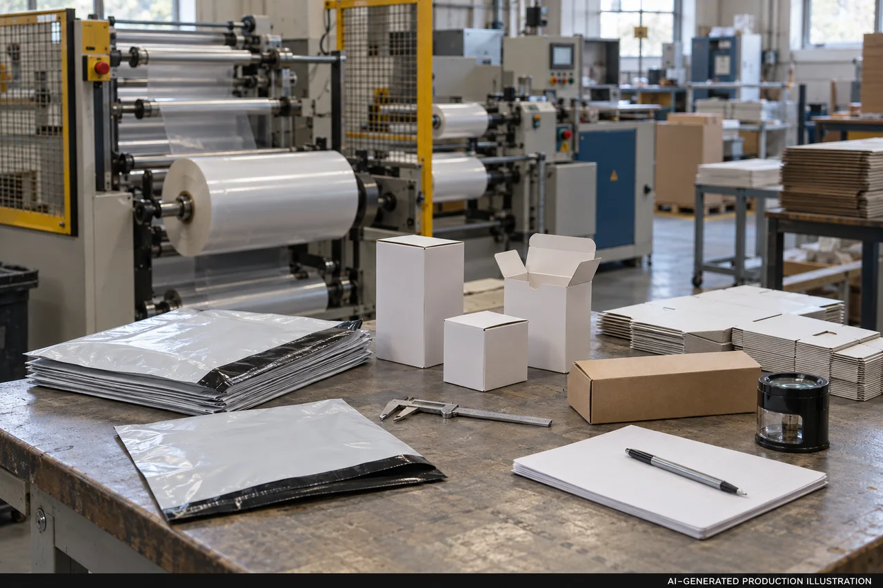 Product Packaging — Sample and inspection planning. AI-generated illustration, not an actual factory photograph.